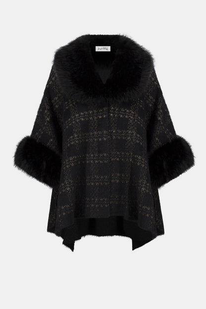 Jacquard Sweater Knit Cape with Faux Fur Accents
