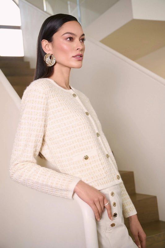 Sequined Sweater Knit Cardigan with Gold Buttons