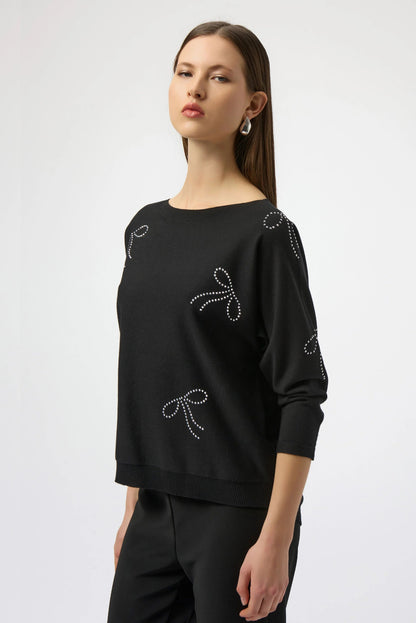 Black Sweater Knit Jumper with Iron-On Bow Detail
