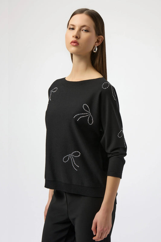 Black Sweater Knit Jumper with Iron-On Bow Detail