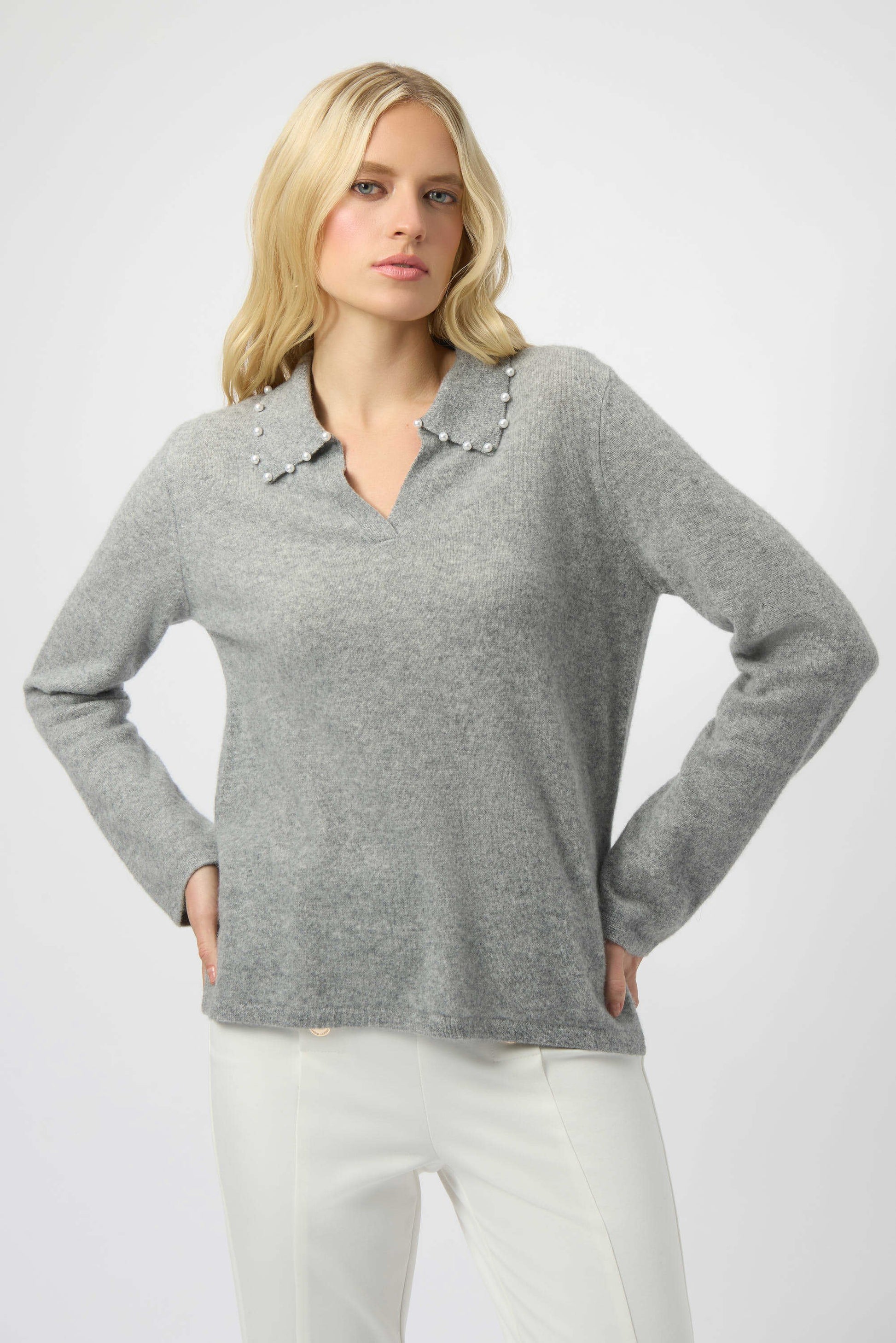 Joseph Ribkoff Grey Cashmere Jumper with Pearl Detail
