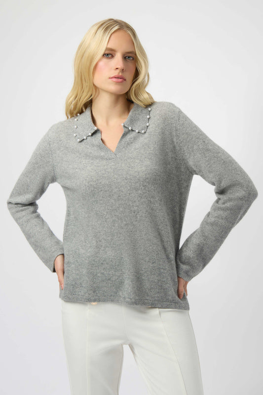 Joseph Ribkoff Grey Cashmere Jumper with Pearl Detail