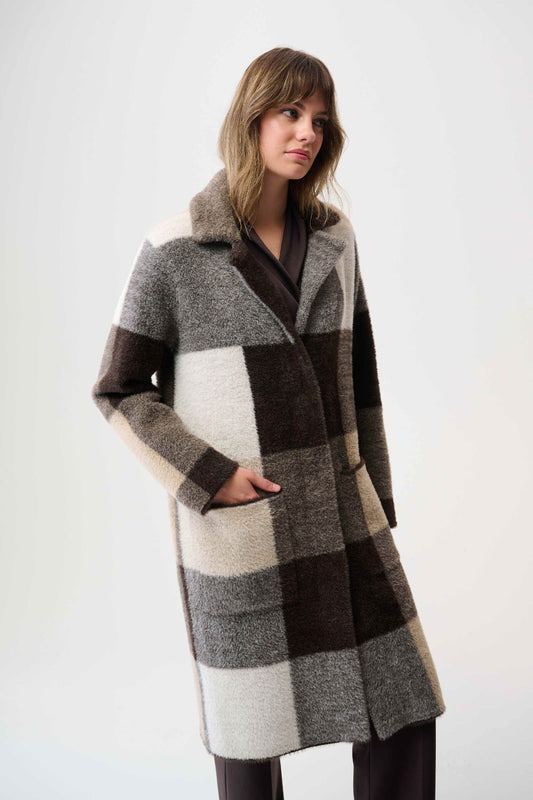 Feather Yarn Check Print Sweater Coat