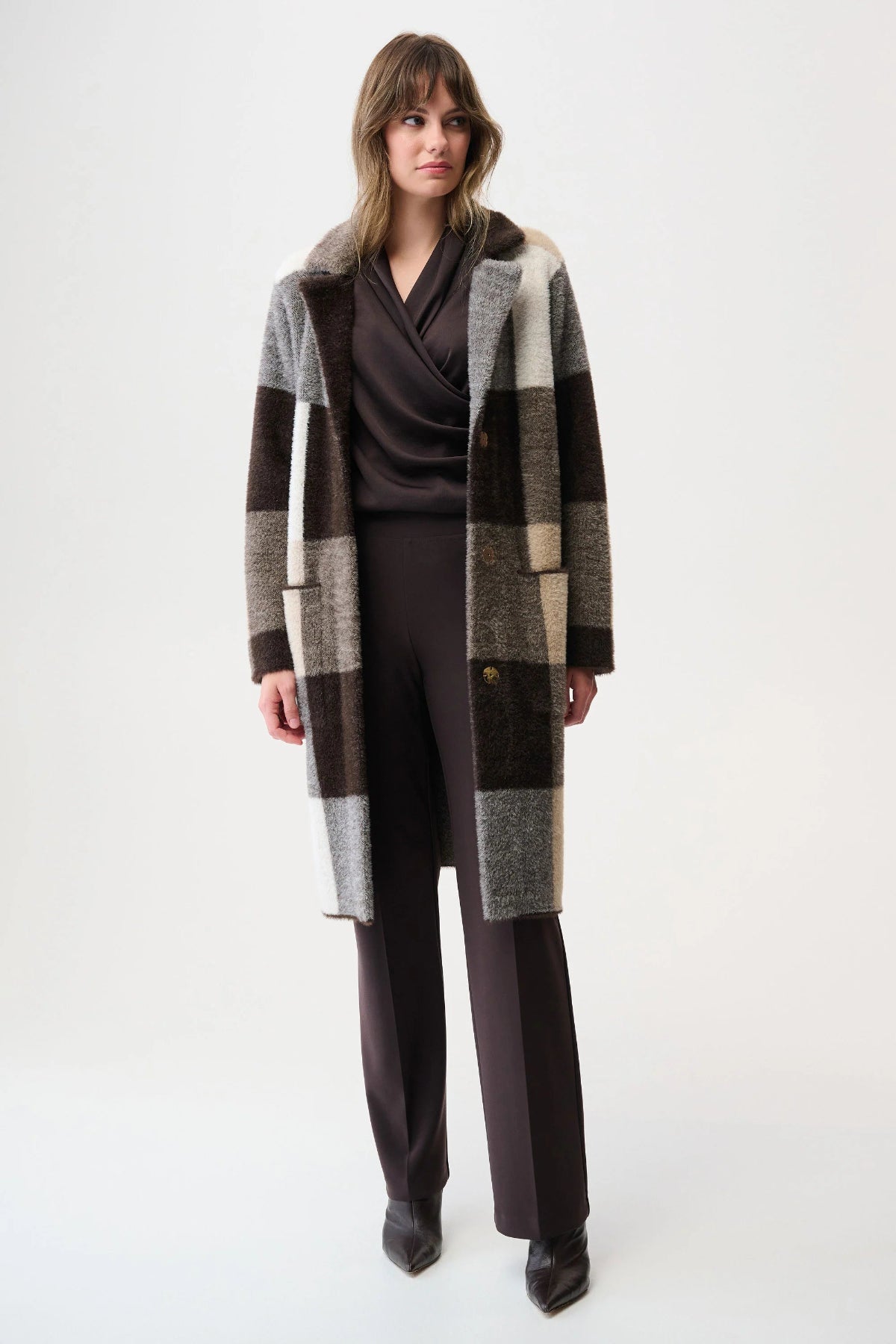 Feather Yarn Check Print Sweater Coat