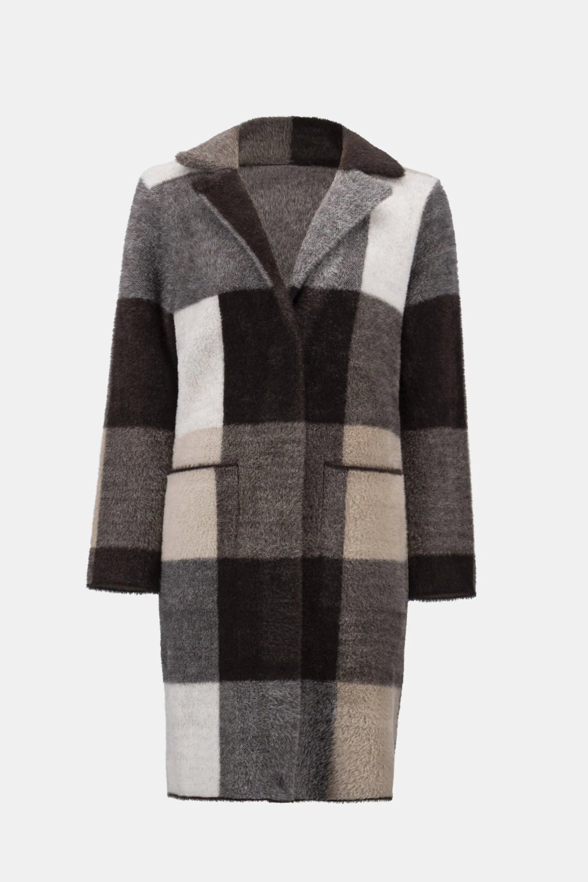 Feather Yarn Check Print Sweater Coat
