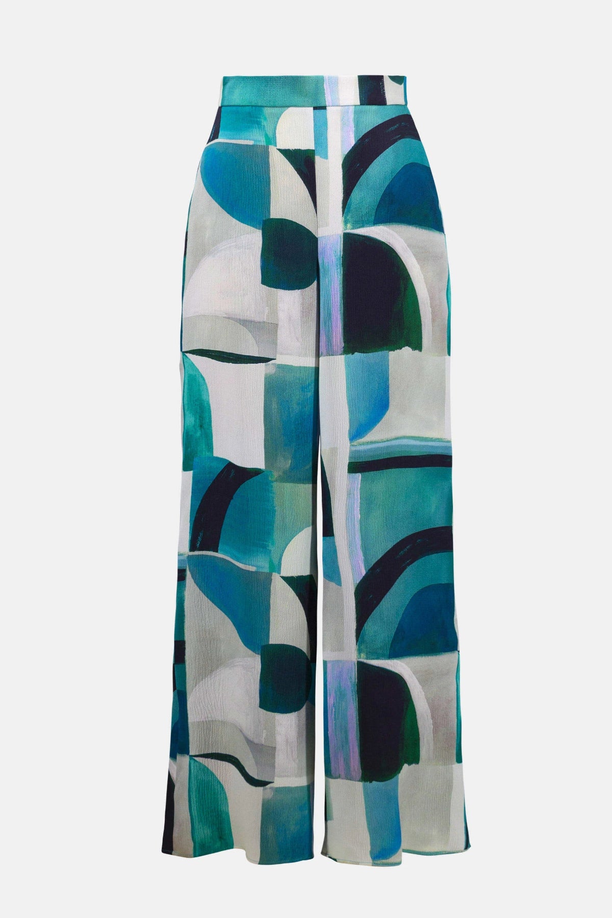 Textured Satin Geometric Print Wide Leg Pull-On Trousers