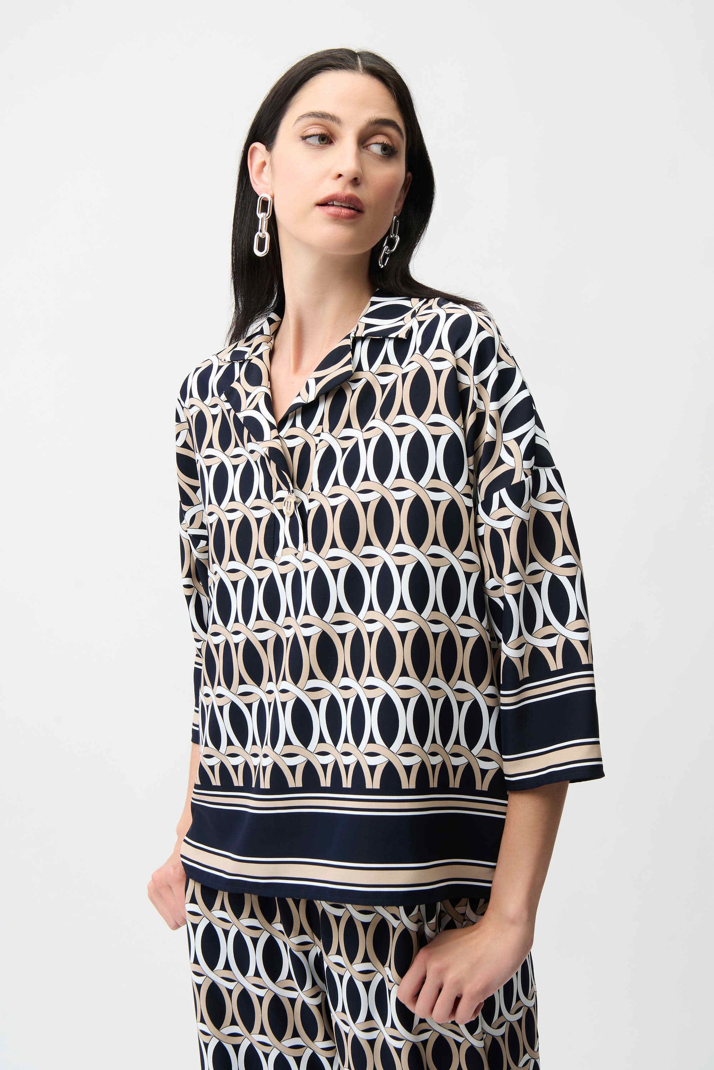Geometric Print Boxy Top With Shirt Collar