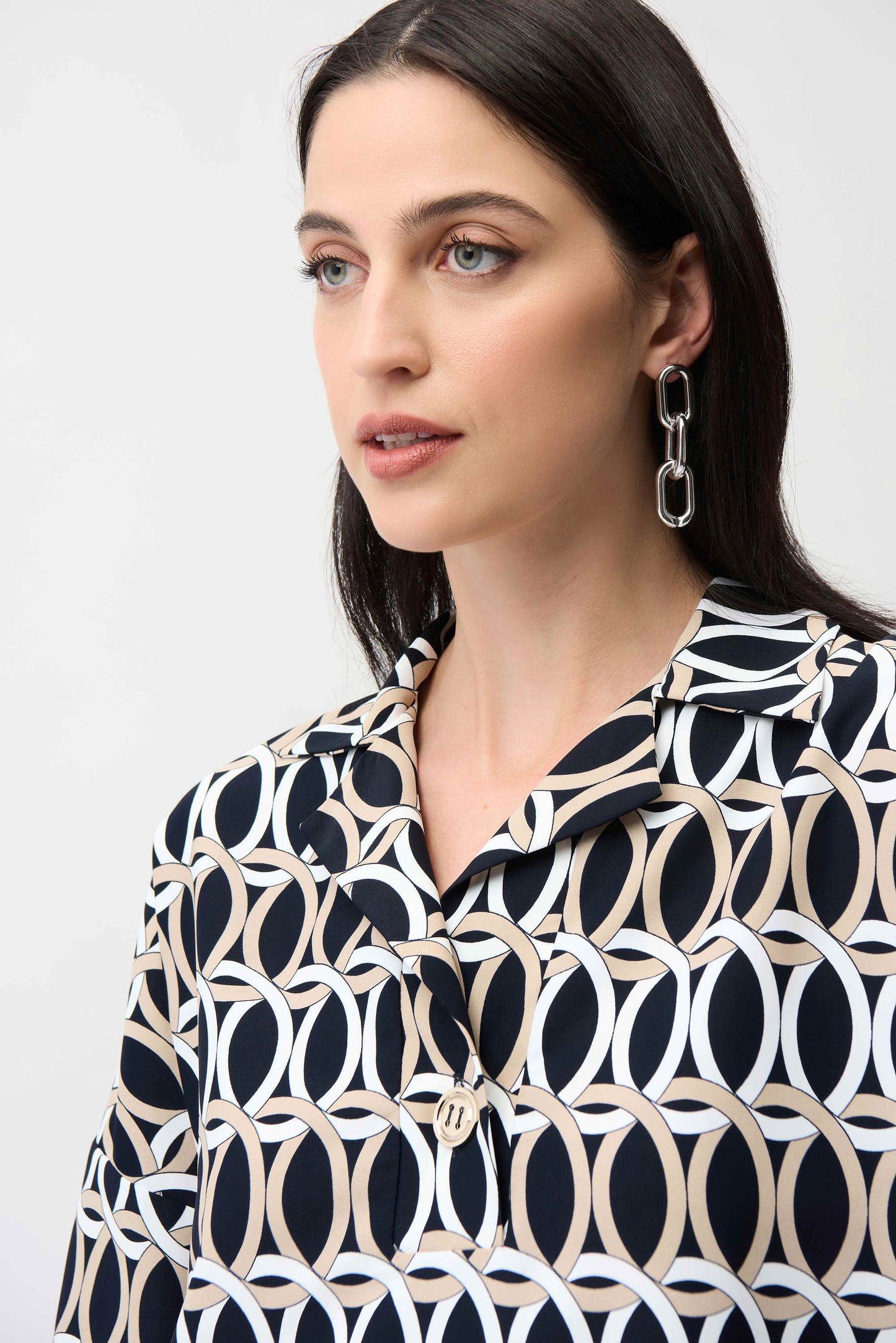 Geometric Print Boxy Top With Shirt Collar