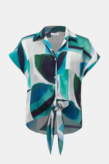 Textured Satin Geometric Print Boxy Top With Front Ties