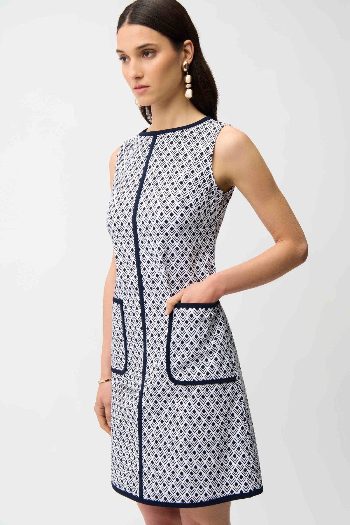 Joseph Ribkoff Geometric Print A-Line Dress With Contrast Trim