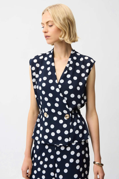 Georgette Dot Print Wrap Peplum Top With Gold Buttons