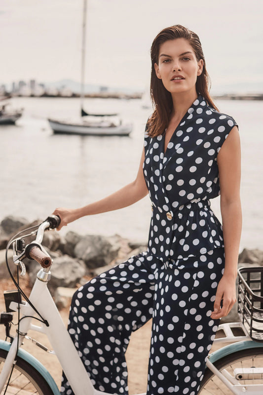 Georgette Dot Print Wrap Peplum Top With Gold Buttons