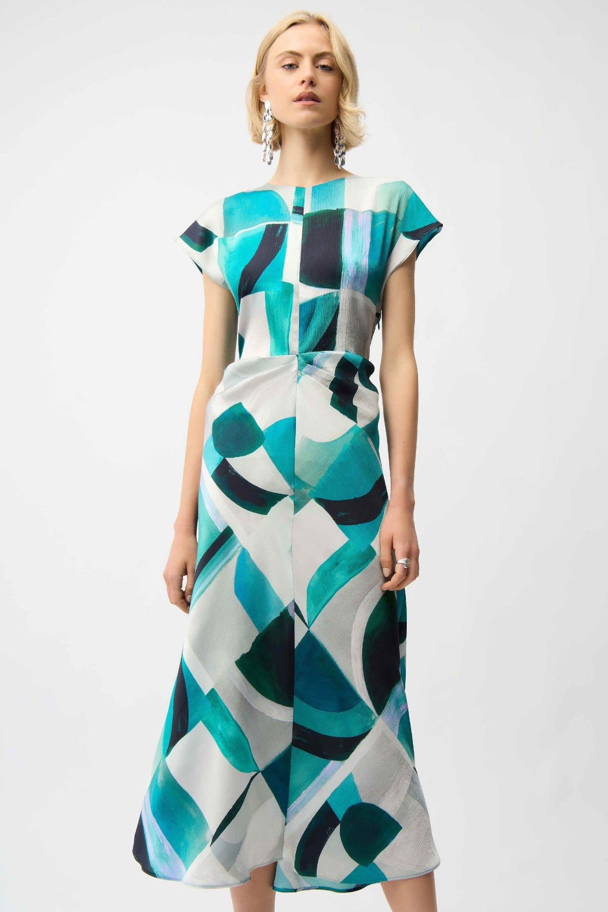 Textured Satin Geometric Print Fit and Flare Dress