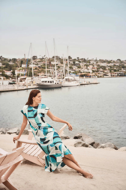 Textured Satin Geometric Print Fit and Flare Dress