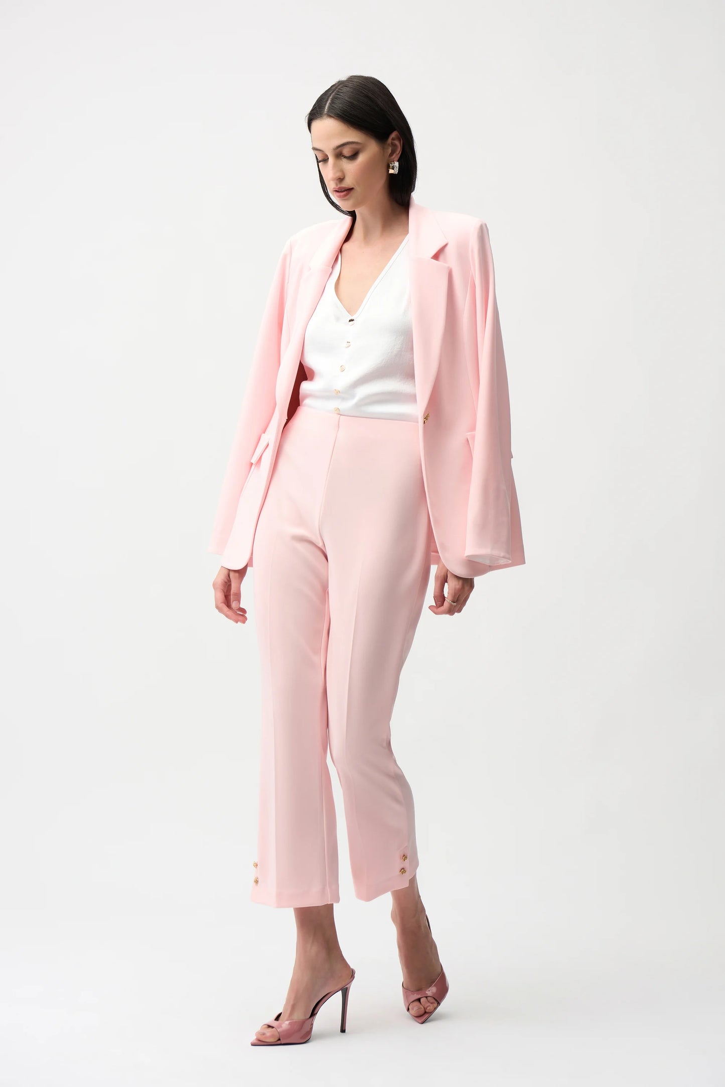 Pink Crop Pull-On Trousers With Gold Buttons