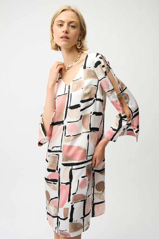 Satin Abstract Print Trapeze Dress With Gold Detail - Lucindas on-line