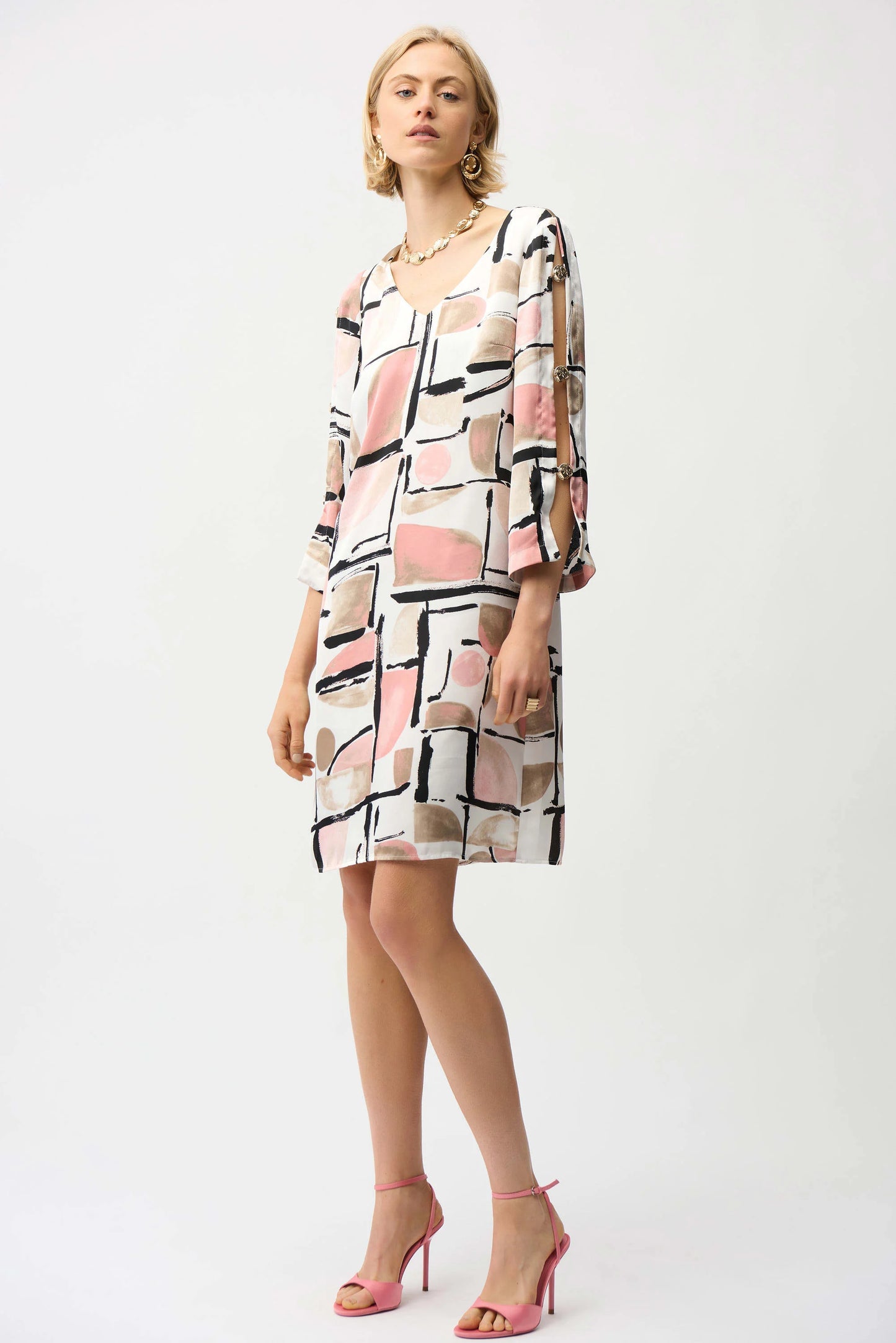 Satin Abstract Print Trapeze Dress With Gold Detail - Lucindas on-line