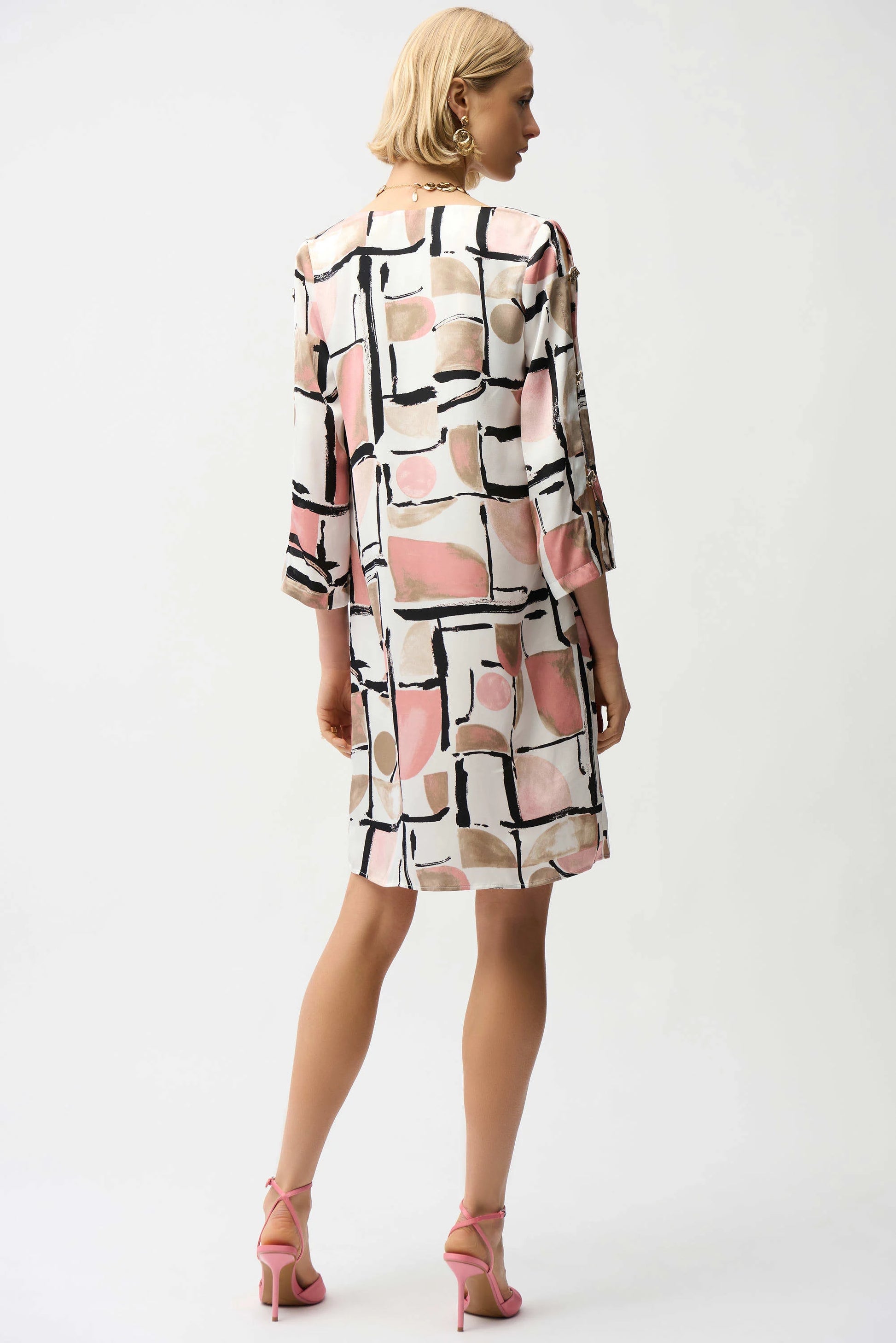 Satin Abstract Print Trapeze Dress With Gold Detail - Lucindas on-line