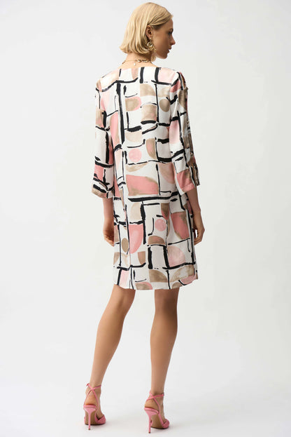 Satin Abstract Print Trapeze Dress With Gold Detail - Lucindas on-line