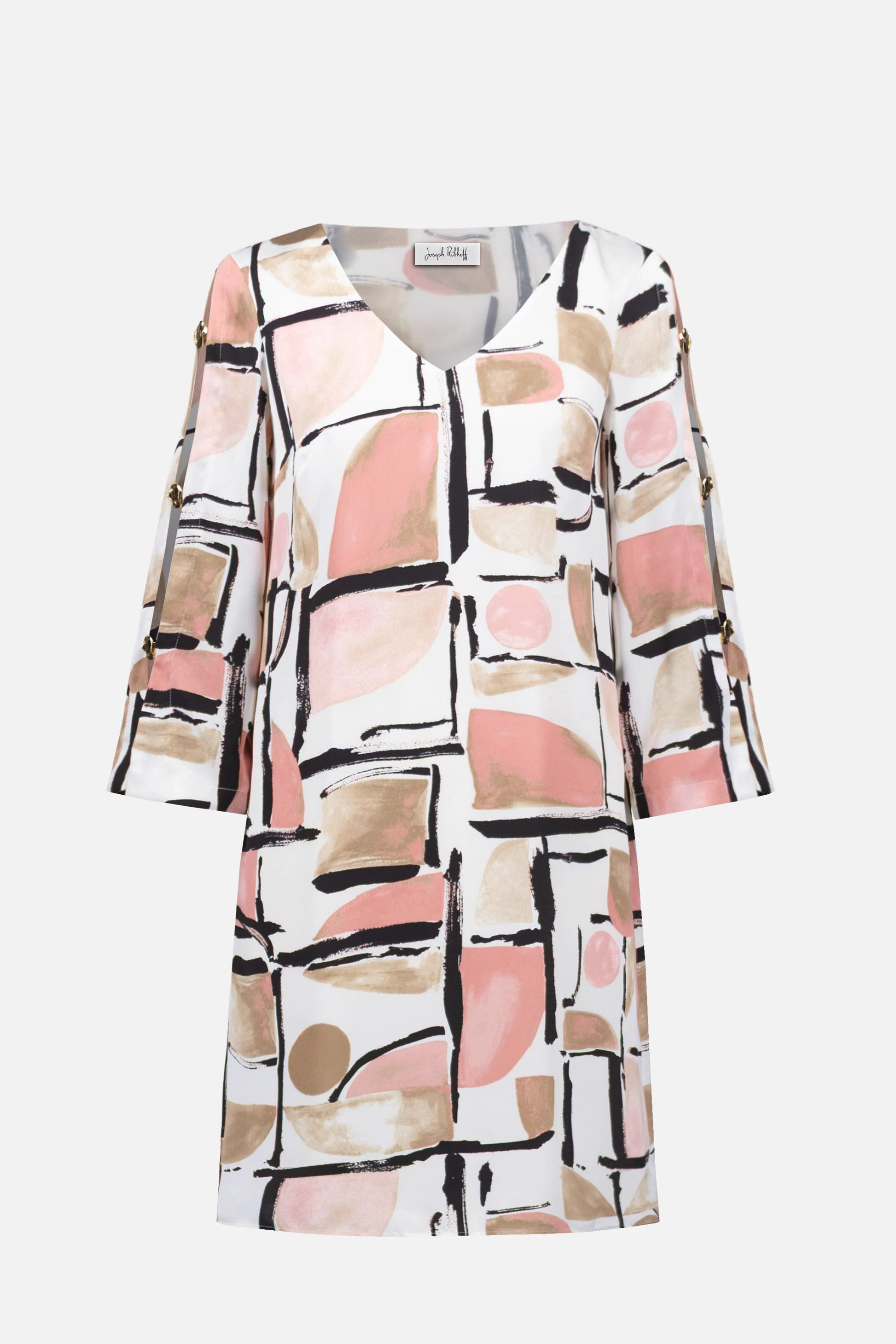 Satin Abstract Print Trapeze Dress With Gold Detail - Lucindas on-line