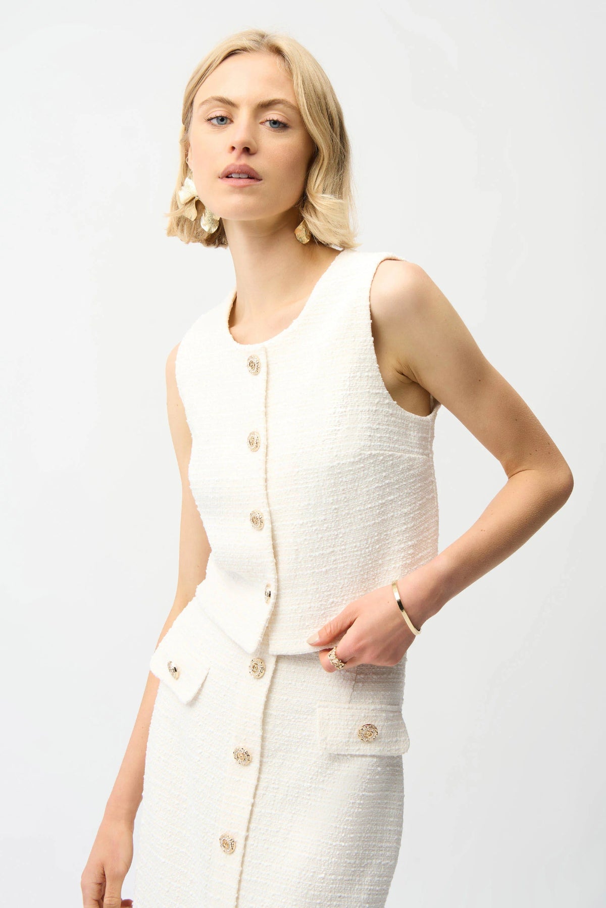 Joseph Ribkoff Bouclé Sleeveless Vest With Gold Buttons