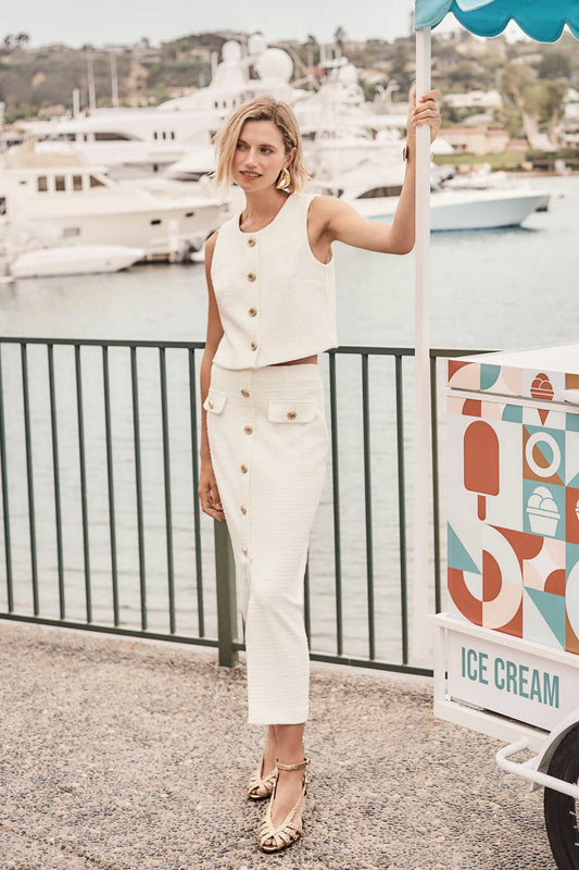 Joseph Ribkoff Bouclé Pencil Skirt With Gold Buttons