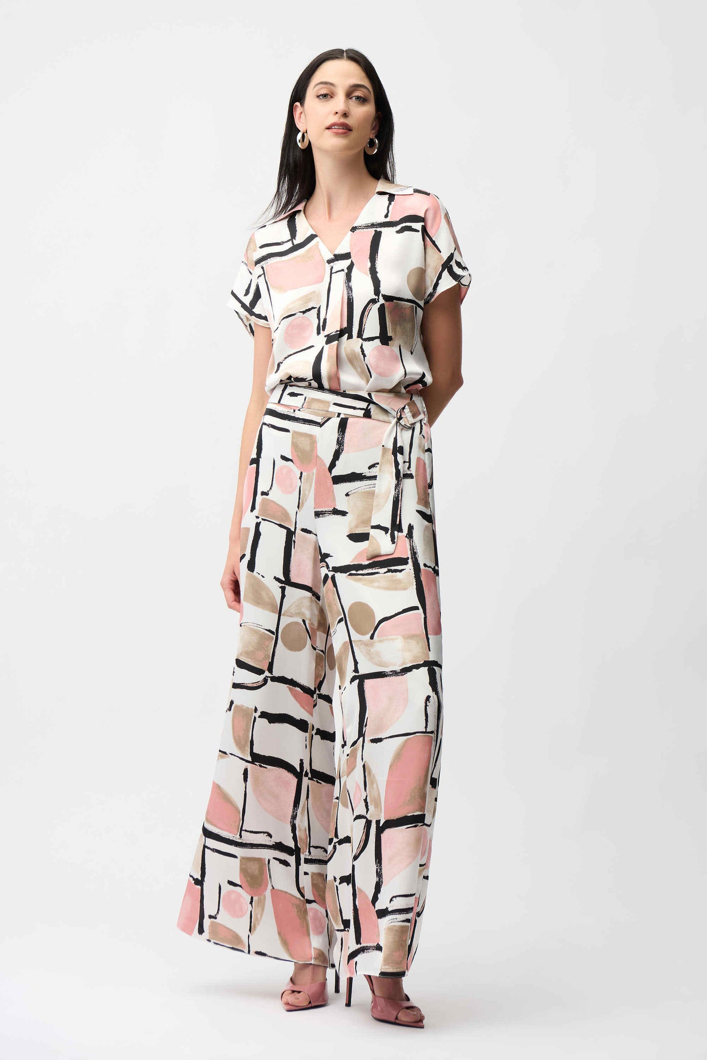 Recycled Satin Abstract Print Boxy Top With V-neckline