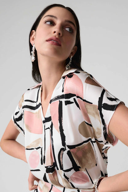 Recycled Satin Abstract Print Boxy Top With V-neckline