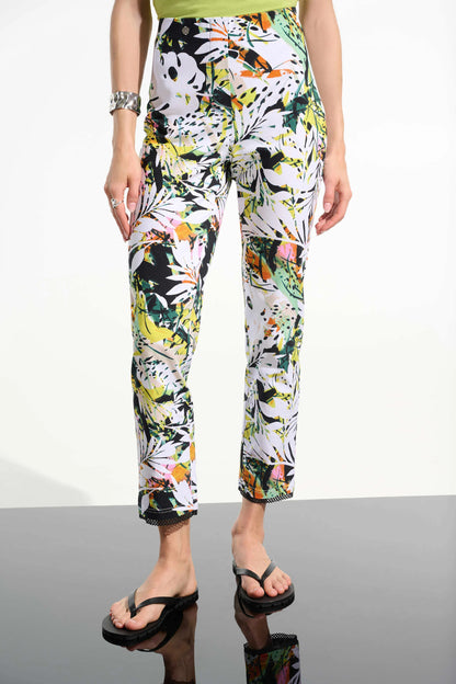 Tropical Print Pull-On Trousers With Mesh Detail