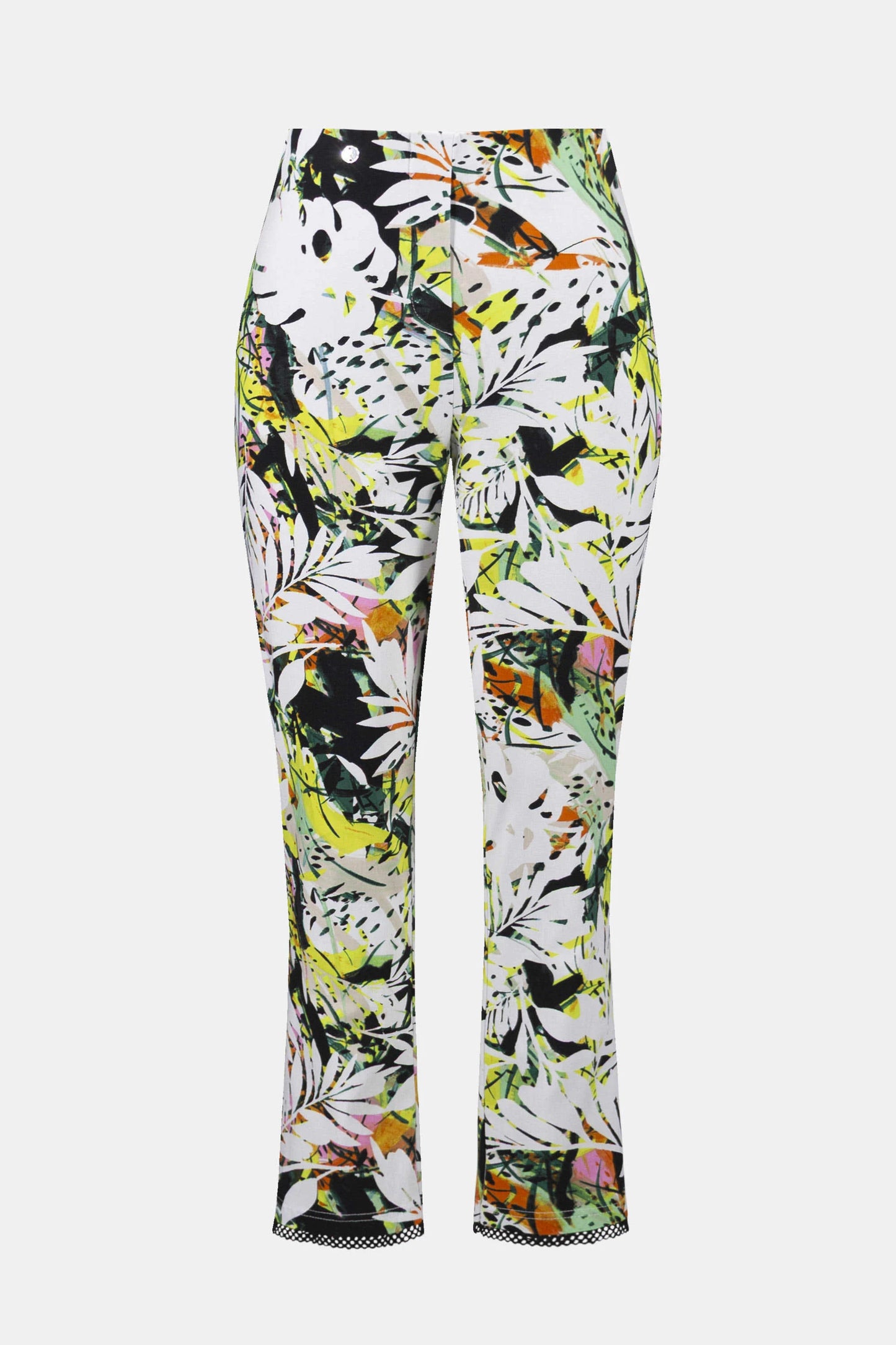Tropical Print Pull-On Trousers With Mesh Detail