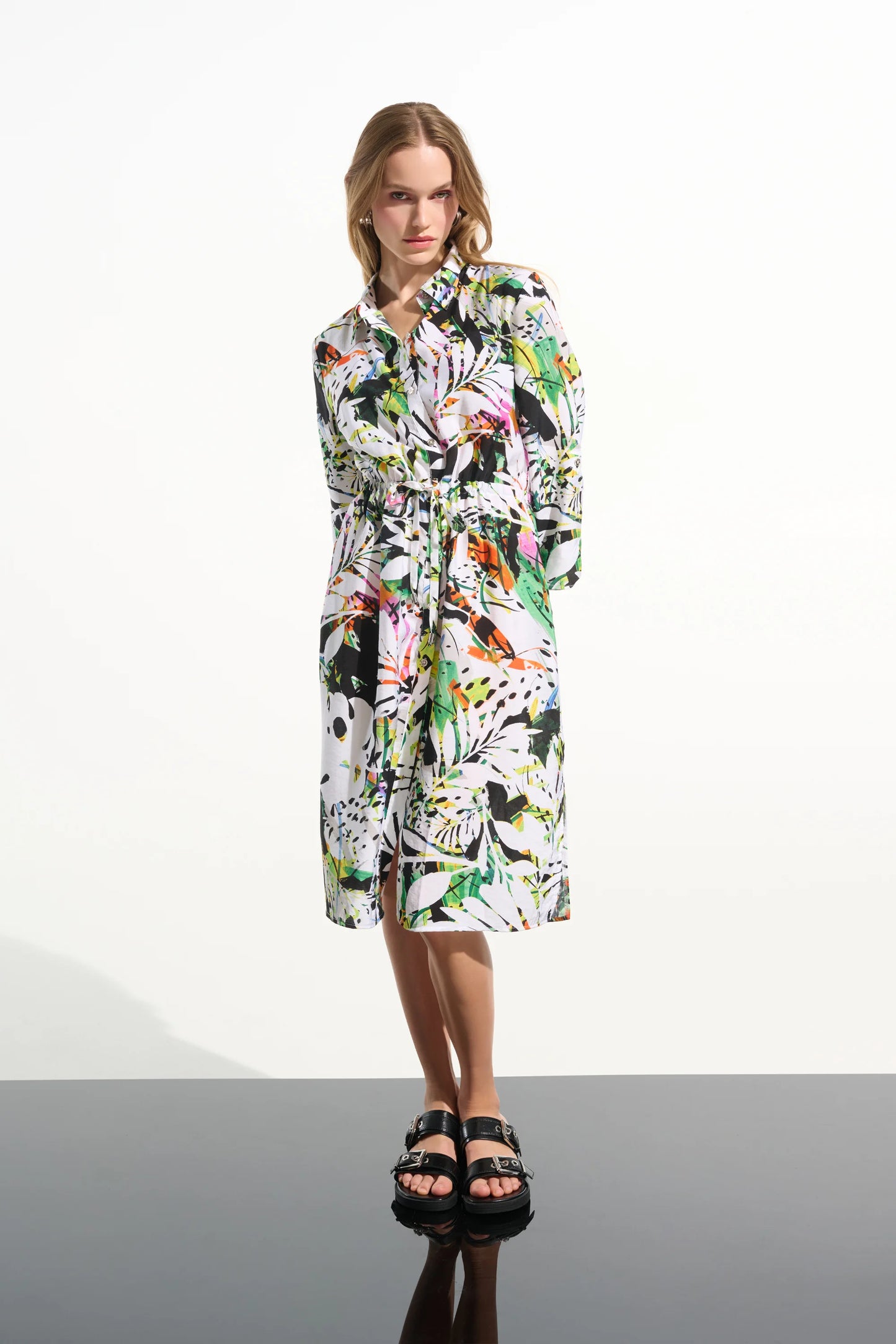 Crinkled Woven Tropical Print Shirt Dress