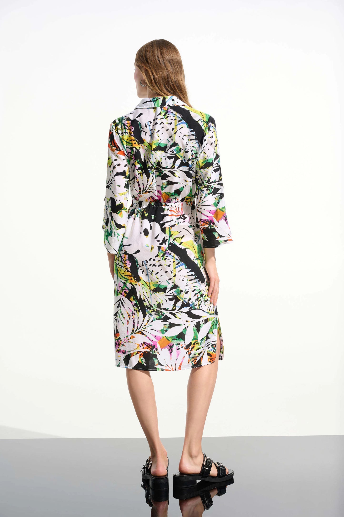Crinkled Woven Tropical Print Shirt Dress