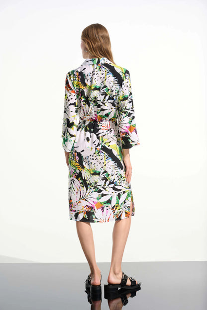 Crinkled Woven Tropical Print Shirt Dress