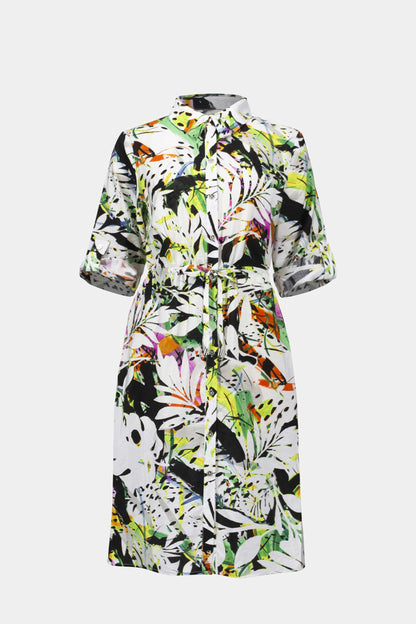 Crinkled Woven Tropical Print Shirt Dress