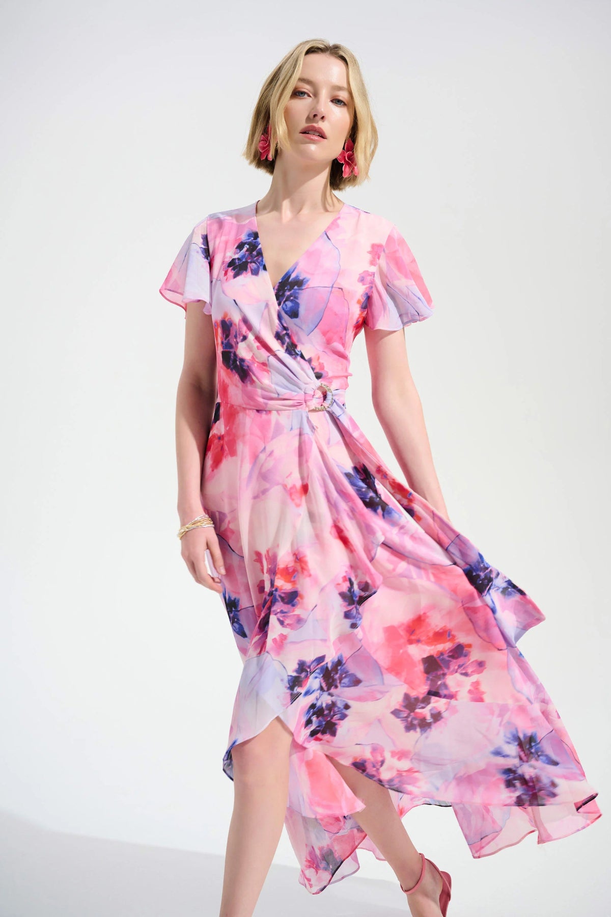 Joseph Ribkoff Pink Chiffon Print Wrap Dress With Ruffle Detail