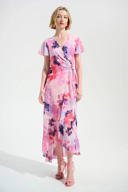 Joseph Ribkoff Pink Chiffon Print Wrap Dress With Ruffle Detail