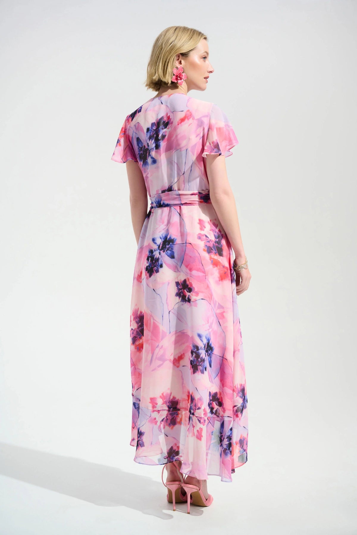 Joseph Ribkoff Pink Chiffon Print Wrap Dress With Ruffle Detail