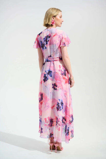 Joseph Ribkoff Pink Chiffon Print Wrap Dress With Ruffle Detail