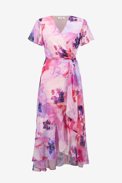 Joseph Ribkoff Pink Chiffon Print Wrap Dress With Ruffle Detail