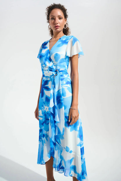 Blue Chiffon Print Wrap Dress With Ruffle Detail