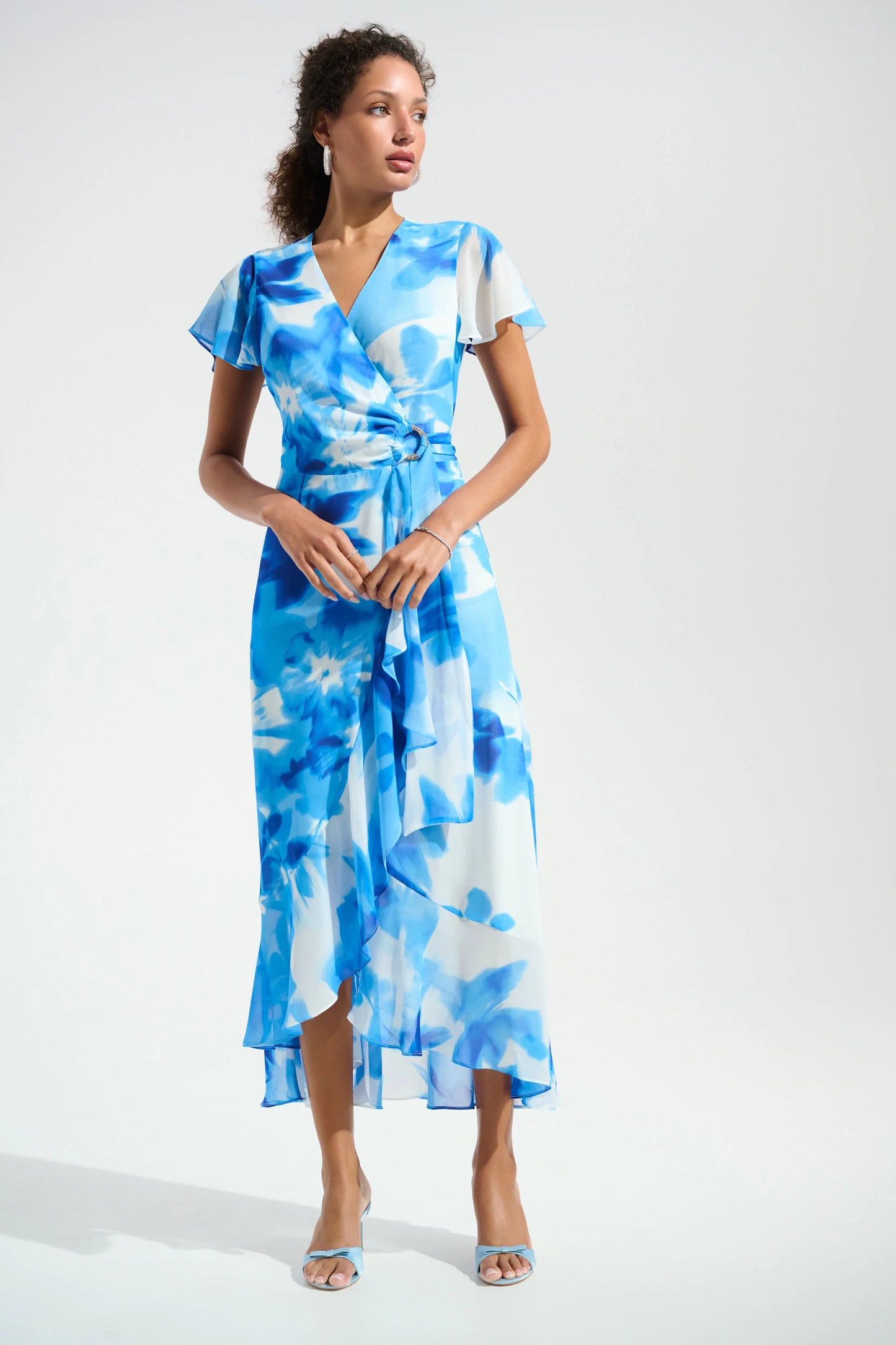 Blue Chiffon Print Wrap Dress With Ruffle Detail