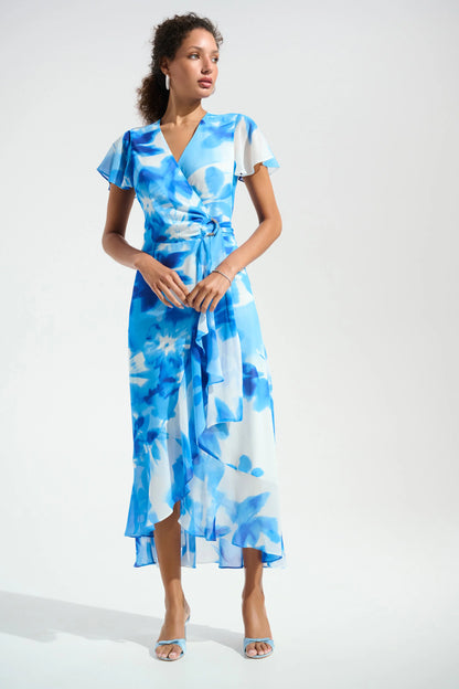 Blue Chiffon Print Wrap Dress With Ruffle Detail