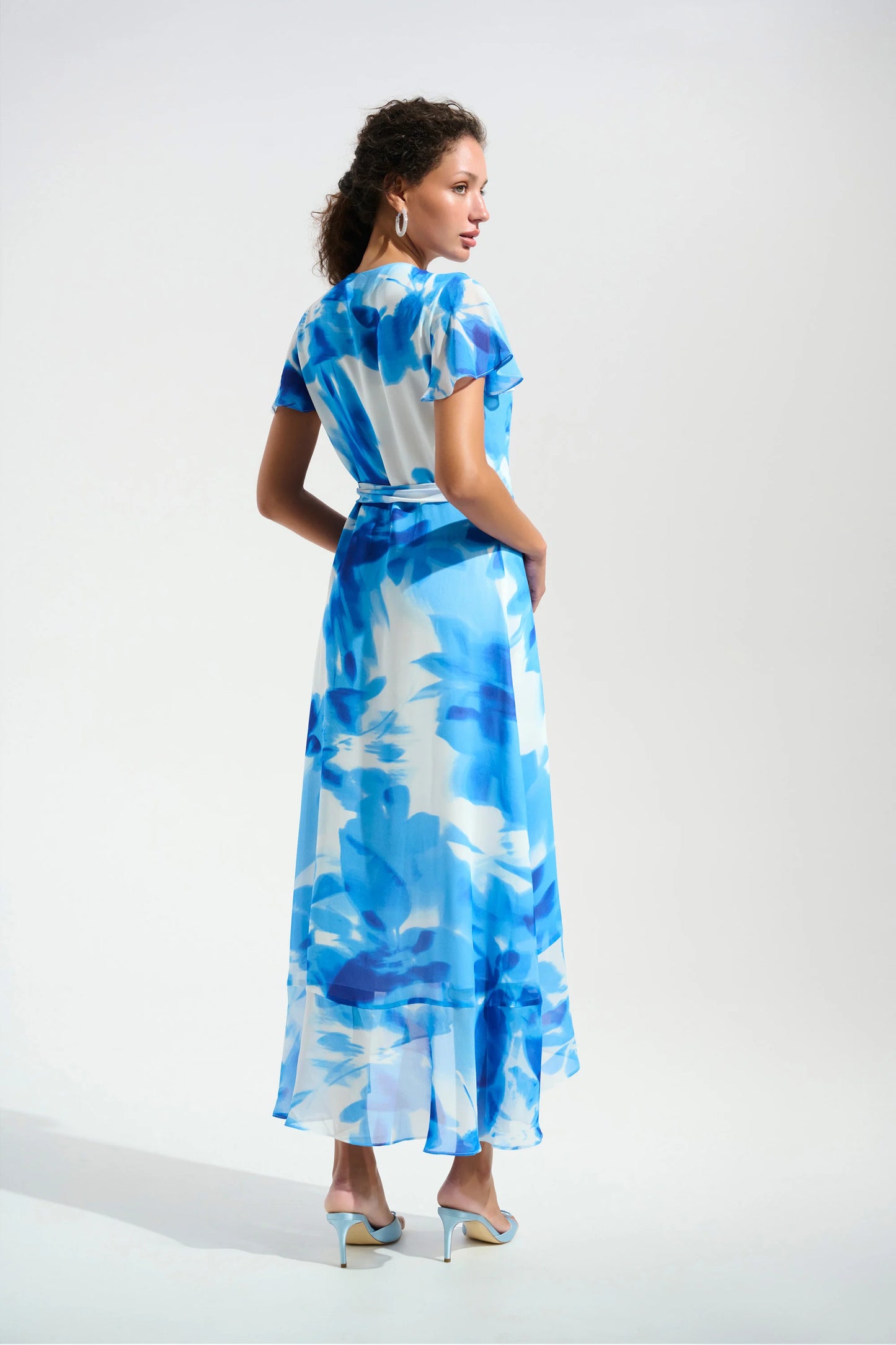 Blue Chiffon Print Wrap Dress With Ruffle Detail