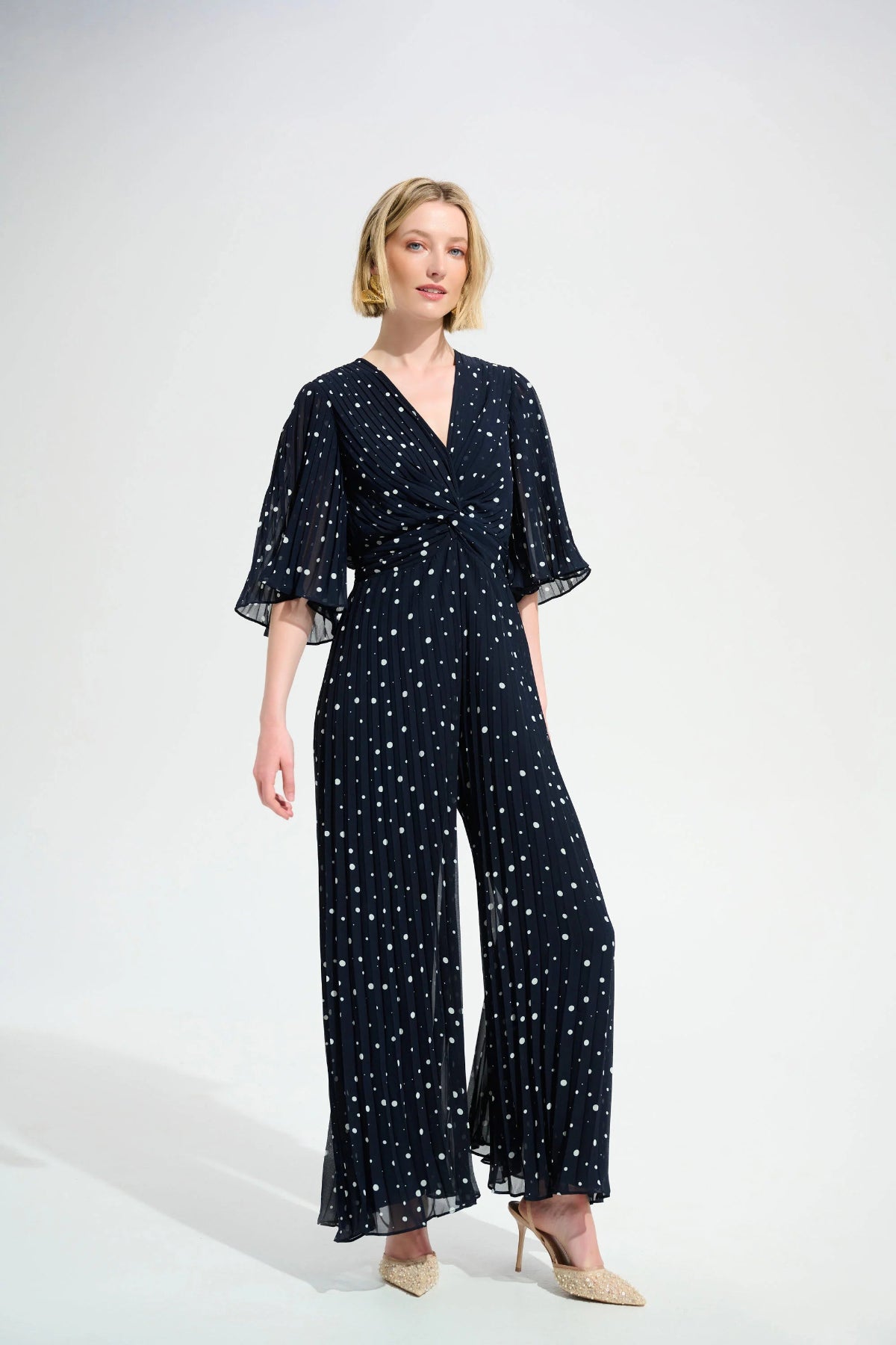 Joseph Ribkoff Pleated Chiffon Dot Print Wide Leg Jumpsuit With Knot Detail