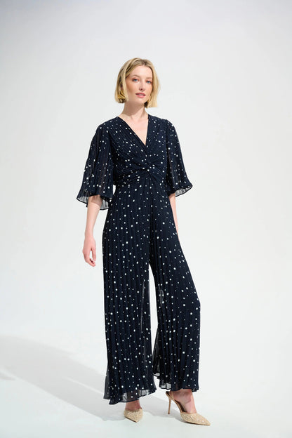 Joseph Ribkoff Pleated Chiffon Dot Print Wide Leg Jumpsuit With Knot Detail