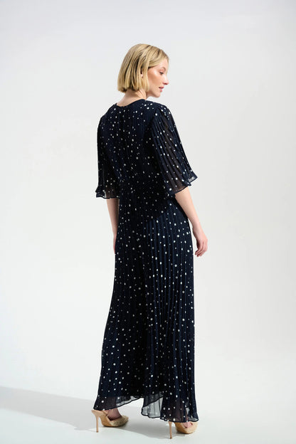 Joseph Ribkoff Pleated Chiffon Dot Print Wide Leg Jumpsuit With Knot Detail