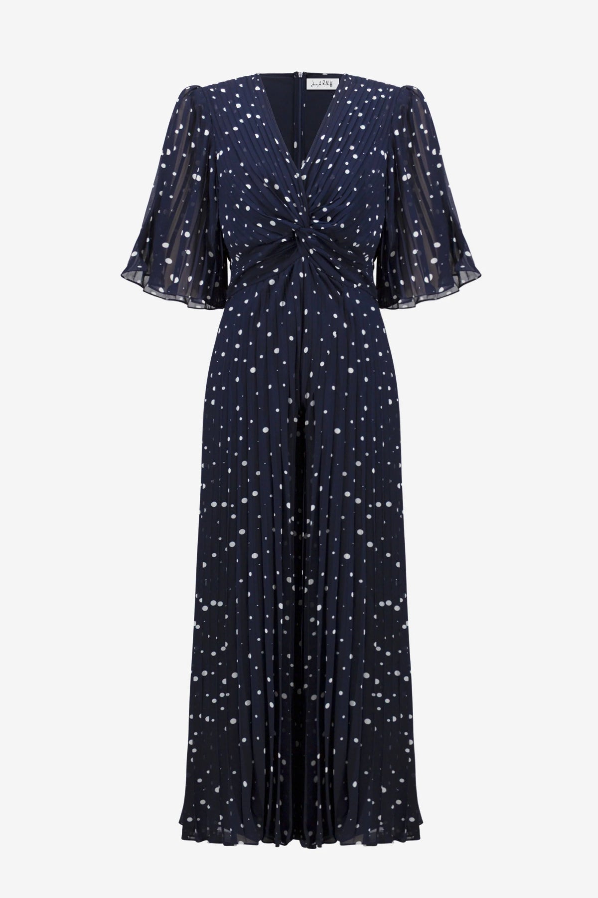 Joseph Ribkoff Pleated Chiffon Dot Print Wide Leg Jumpsuit With Knot Detail