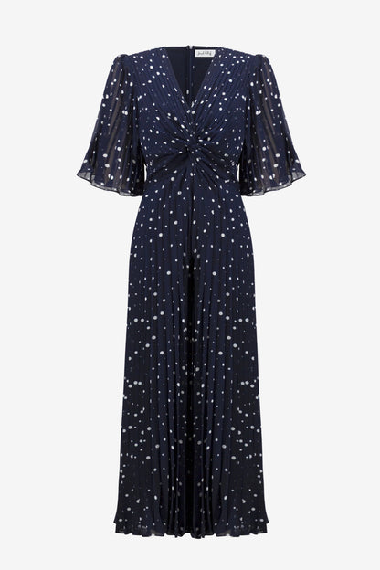 Joseph Ribkoff Pleated Chiffon Dot Print Wide Leg Jumpsuit With Knot Detail