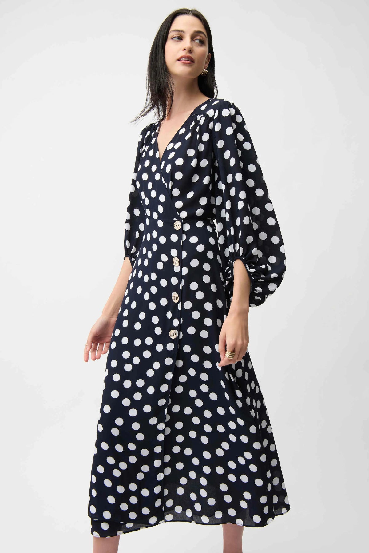 Georgette Dot Print Wrap Dress With Puff Sleeves