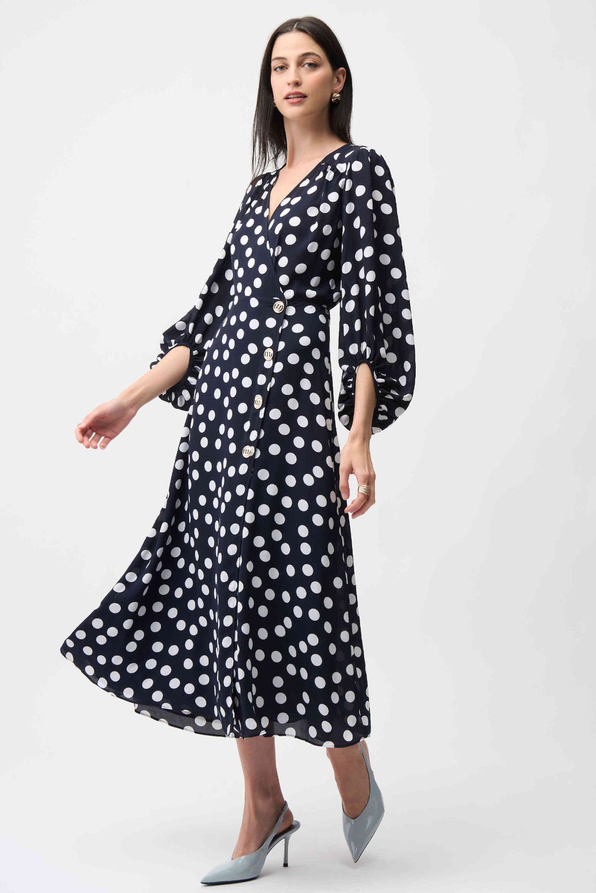 Georgette Dot Print Wrap Dress With Puff Sleeves